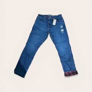 Dark Blue Straight-Leg Jeans with Plaid Cuff